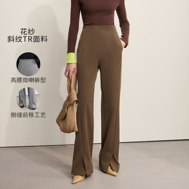 11542792.24冬季新款通勤百搭修身显瘦前开叉休闲长裤女高腰黑色裤子