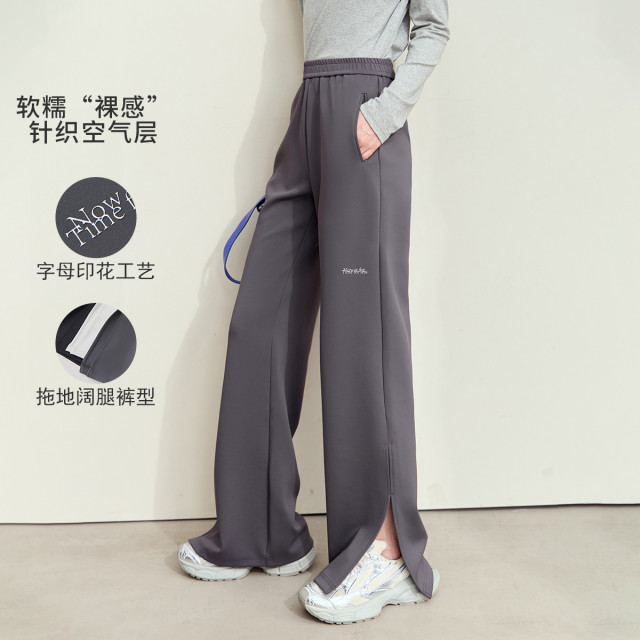 11542676.秋季新款字母印花橡筋腰头空气层阔腿休闲裤女长裤黑色裤子