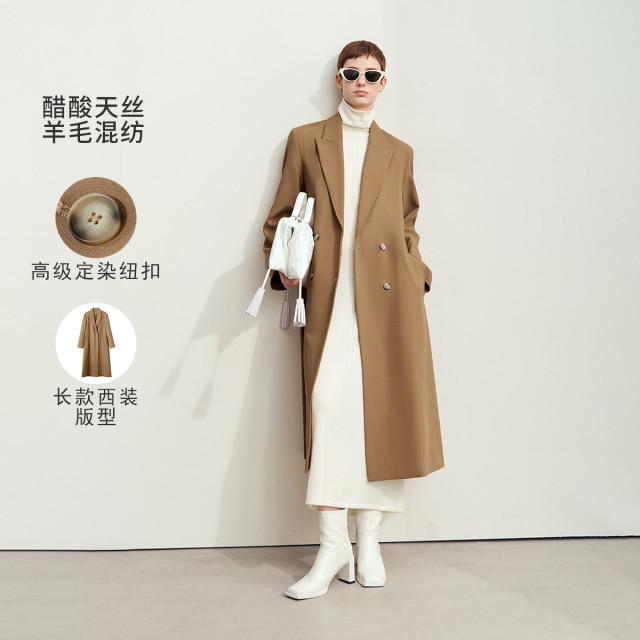 11542738.秋季新款翻驳领双排扣西装式风衣女宽松长款高开叉上衣外套