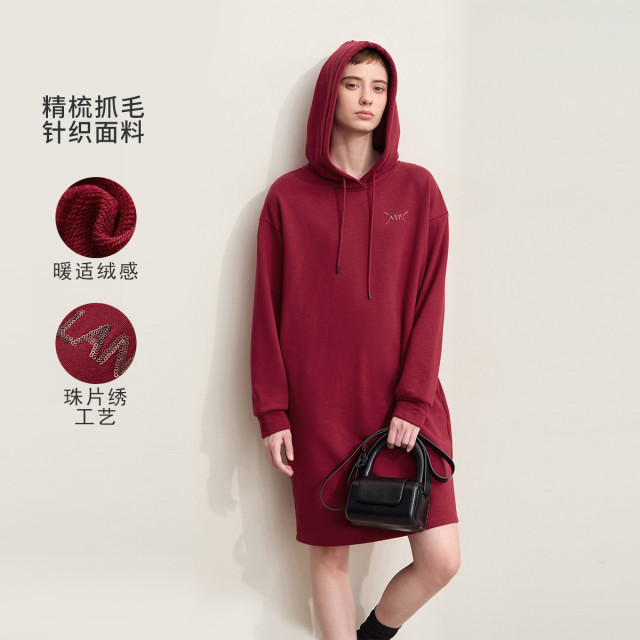 11542697.新款宽松字母珠片绣连帽卫衣裙女温暖抓毛加绒连衣裙