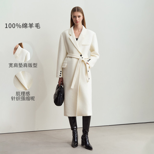 11542653.新款西装领全绵羊毛配腰带毛呢外套女宽肩长款上衣