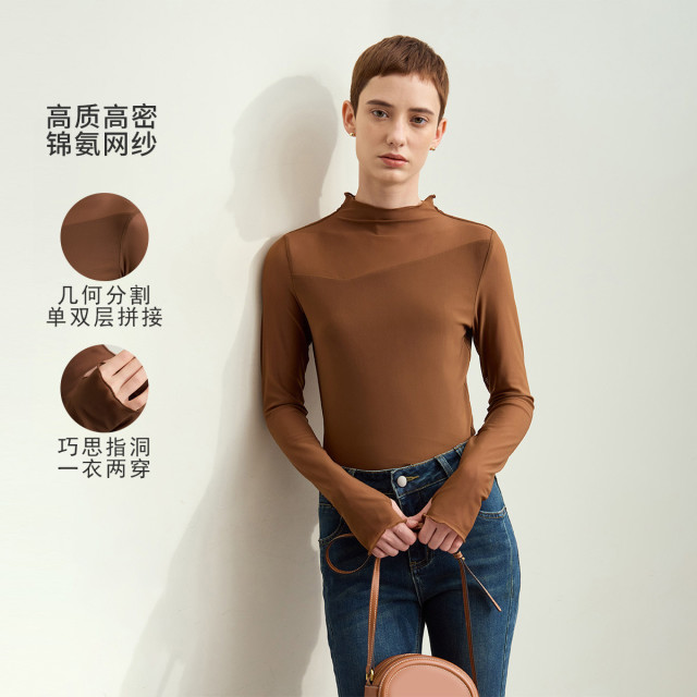 11543749.G秋款通勤风半高领微透视拼接网纱T恤女修身显瘦上衣