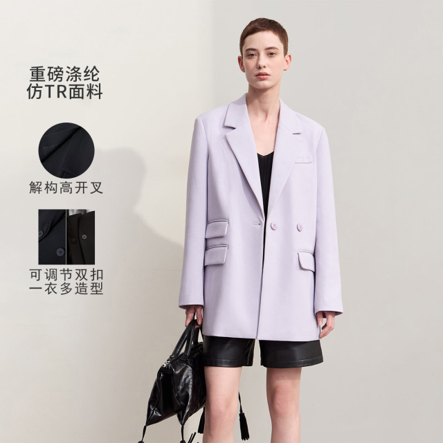 11542798.秋季新款通勤风翻驳领双扣一衣两穿宽肩西装女垫肩西服外套