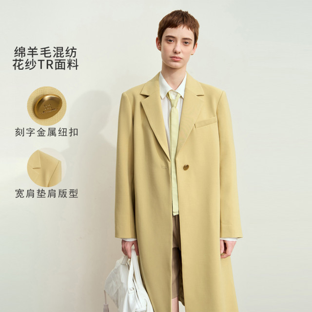 11542667.秋新款高级通勤干练翻驳领金属扣宽肩垫肩外套女长款上衣