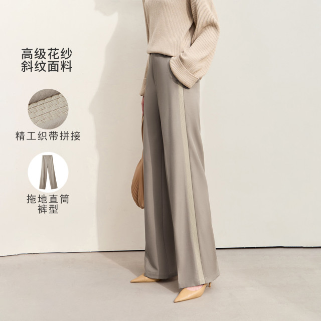 11542786.秋新款通勤风拼接织带休闲长裤女宽松拖地直筒裤