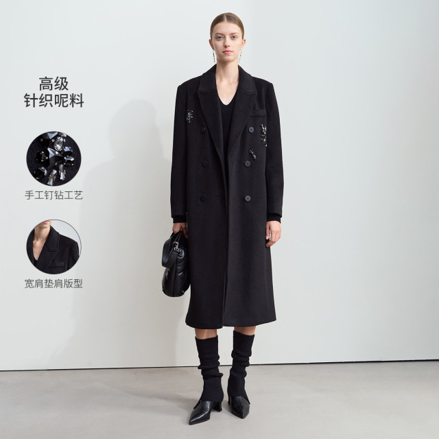 11542709.新款高级长款戗驳领钉钻装饰后开叉毛呢外套女垫肩大衣