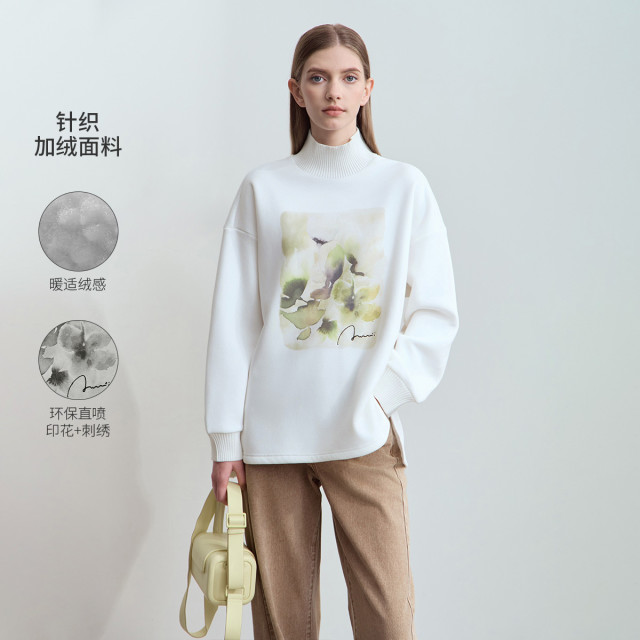 11542794.新款温暖高领印花字母刺绣落肩袖卫衣女宽松加绒上衣