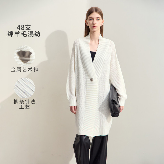 11542854.秋新款休闲慵懒风V领金属异形扣一粒扣开衫女超宽松上衣