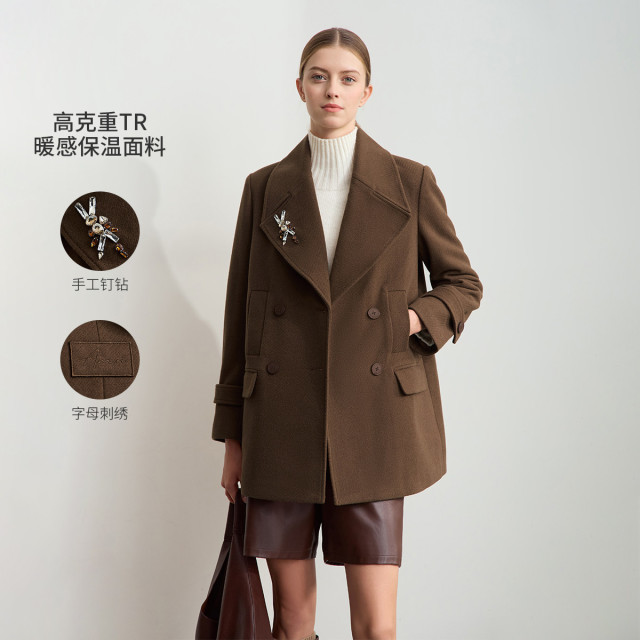 11542663.新款翻驳领钉钻垫肩毛呢外套女字母刺绣宽松双排扣上衣