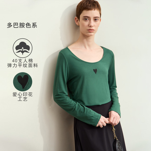 11543465.百搭大圆领爱心印花弹力T恤女多巴胺穿搭长袖上衣