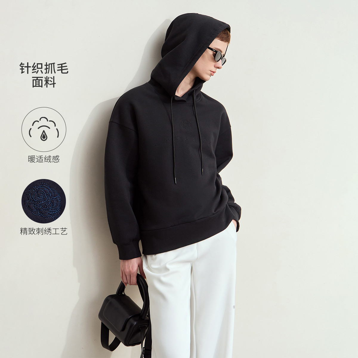 11542803.新款休闲连帽玫瑰字母刺绣抓绒卫衣女宽松落肩袖上衣
