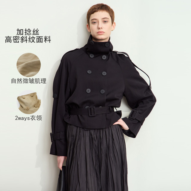 11542715.秋季新款通勤风高领翻领双排扣配腰带短款风衣女宽松外套
