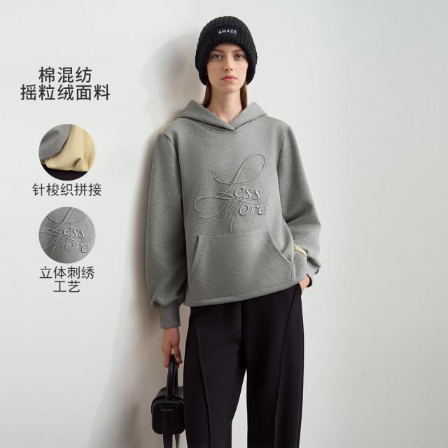 11542605.新款撞色撞料拼接连帽刺绣口袋加绒卫衣女宽松休闲上衣