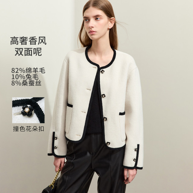11542597.【商场同款】冬季圆领撞色绵羊毛含桑蚕丝兔毛双面呢香风外套上衣