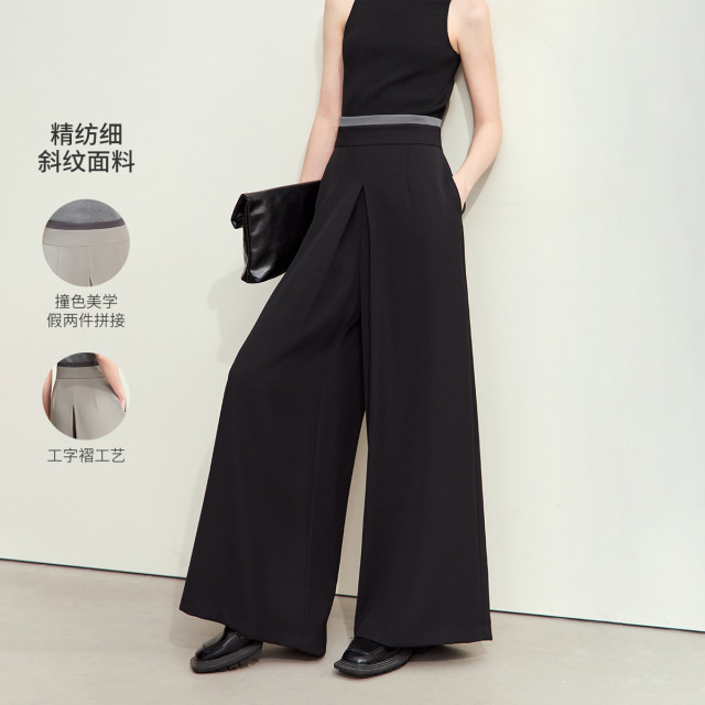 11542725.秋新款通勤工字褶撞色超宽松阔腿裤休闲长裤女黑色裤子
