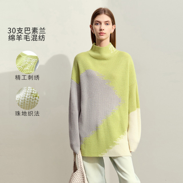 11542828.新款高领艺术感撞色刺绣珠地织法毛衣女落肩袖宽松上衣