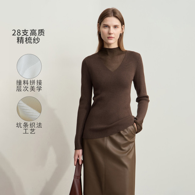 11543467.24冬款仙气半高领微透视拼接修身显瘦毛衣女百搭打底上衣