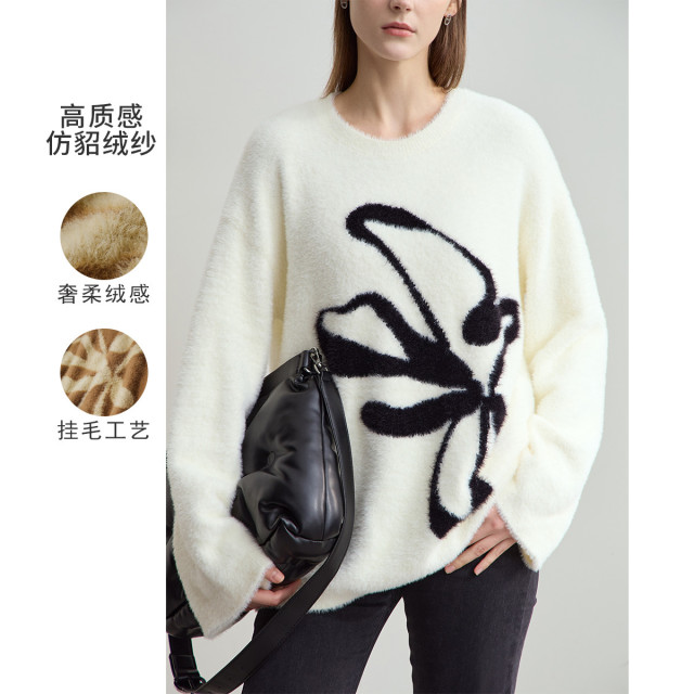 11542654.新款休闲圆领仿貂绒撞色挂毛提花毛衣女宽松落肩袖上衣