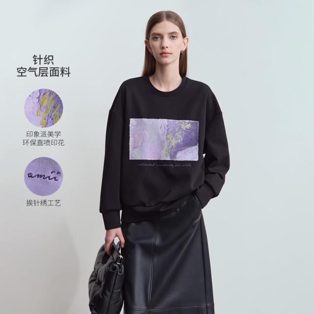 11543502.秋新款圆领抽象印花刺绣空气层卫衣女落肩袖宽松上衣