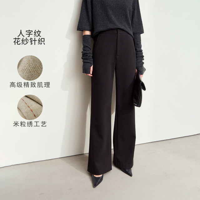 11543433.新款高级通勤人字纹花纱高腰阔腿裤休闲长裤女黑色裤子