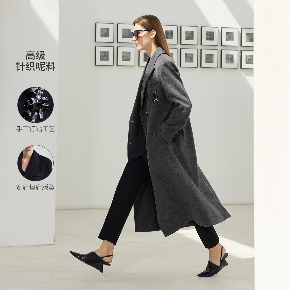 11542709.新款高级长款戗驳领钉钻装饰后开叉毛呢外套女垫肩大衣