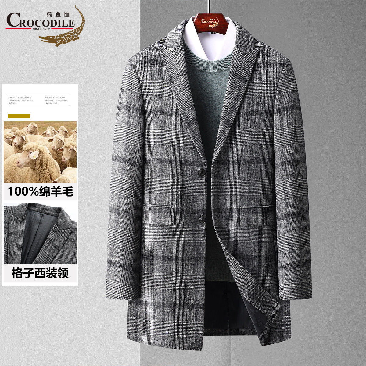 11539869.专柜款【100%绵羊毛】秋冬时尚格子长款毛呢大衣男