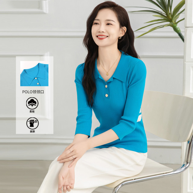 11607511.【专柜新品】【针织衫】新款纯色时尚翻领七分袖高弹套头衫
