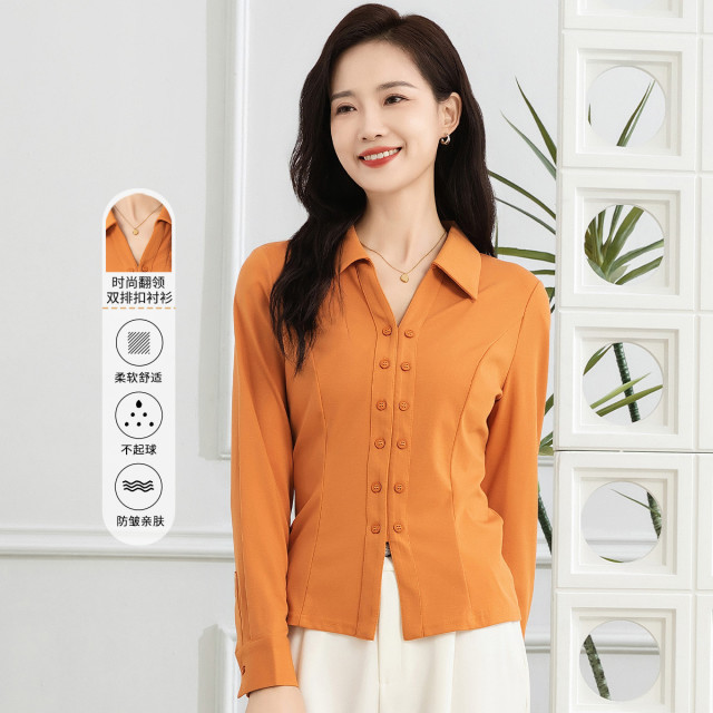 11598685.【专柜新品】【翻领衬衫】气质通勤百搭纯色弹力上衣