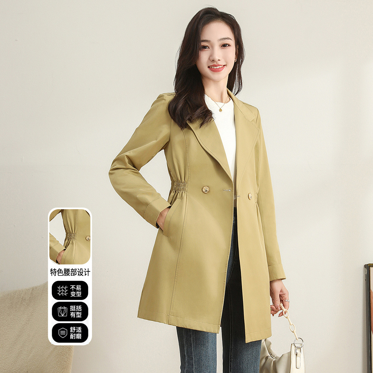 11607925.【专柜新品】【西装领风衣】新款设计感百搭外套收腰显瘦中长款上衣女