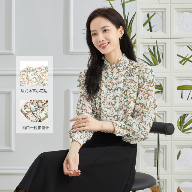 11607854.【专柜新品】【花边衬衫】新款时尚气质高级感通勤碎花立领上衣女