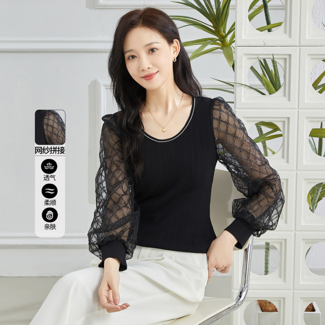 11607764.【专柜新品】【套头衫】新款时尚百搭气质蕾丝长袖圆领针织衫女