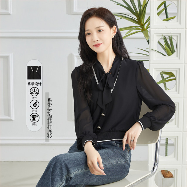 11608086.【专柜新品】【通勤打底衫】新款时尚气质系带领长袖上衣