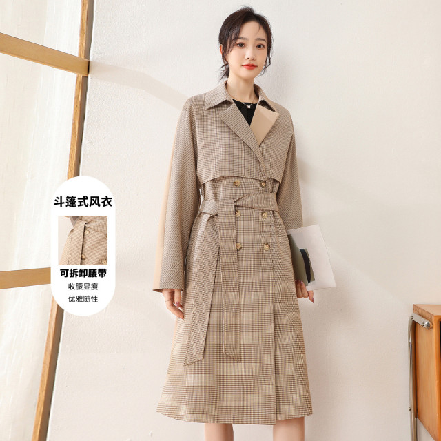 11607023.【专柜新品】【拼接格子】西装领通勤外套长款气质风衣