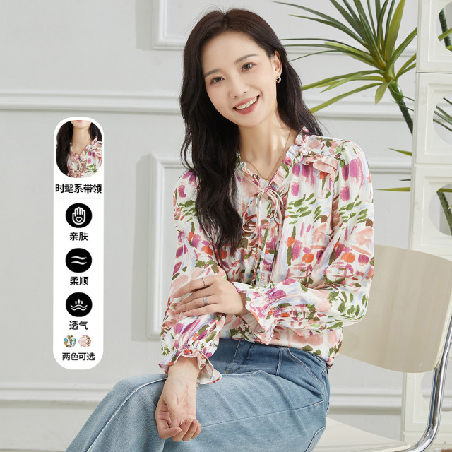 11608074.【专柜新品】【打底衫】新款系带领印花长袖衬衫气质百搭上衣