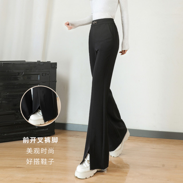 11607195.【专柜新品】【纯色高腰微喇裤】时尚开叉中缝弹力显瘦休闲裤女