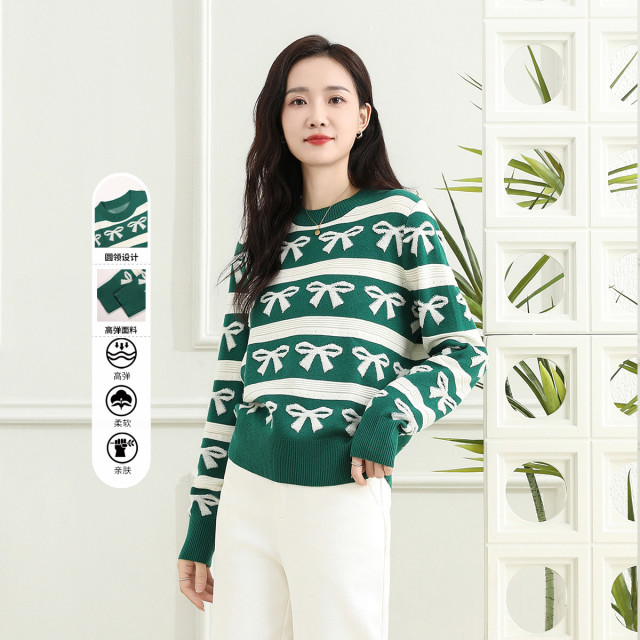 11597474.【专柜新品】【圆领针织衫】时尚百搭撞色蝴蝶结高弹上衣