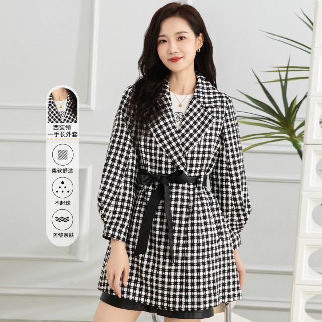 11607597.【专柜新品】【外套】秋气质百搭中长款时尚通勤千鸟格上衣女