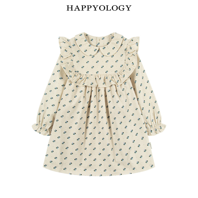11847571.happyology英国童装裙子印花纯棉连身裙碎花女童荷叶边长袖连衣裙