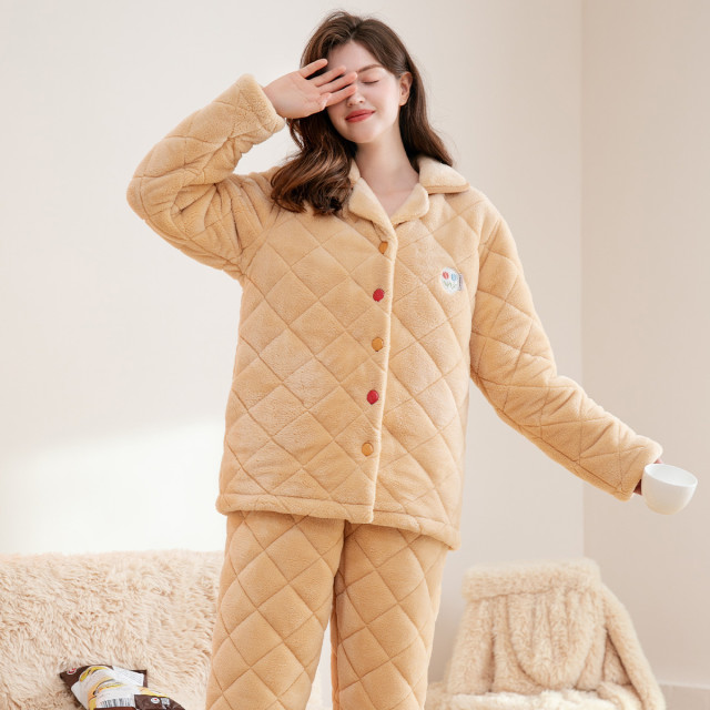 11551259.芬腾【加厚加绒 夹棉保暖】冬季简约外穿翻领开衫家居服女士睡衣套装