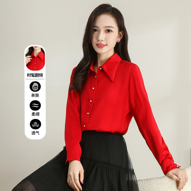 11608076.【专柜新品】【缎面衬衫】时尚气质百搭翻领纯色垂感上衣