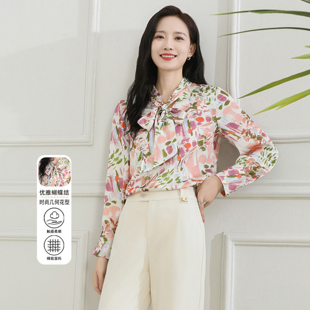 11608316.【专柜新品】【缎面印花衬衫】新款时尚通勤衬衣撞色百搭上衣