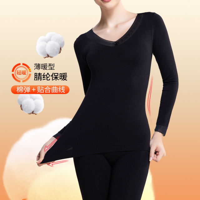 11557484.古今【新品秒杀 简约经典】波浪纹蕾丝边保暖女士套装