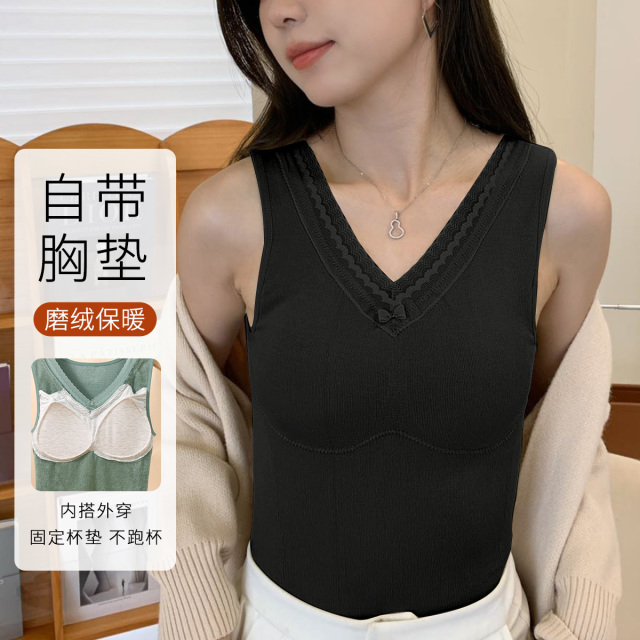 11558750.古今【超低特惠清仓~清完不补~】蕾丝边自带胸垫毛圈背心女士保暖上衣