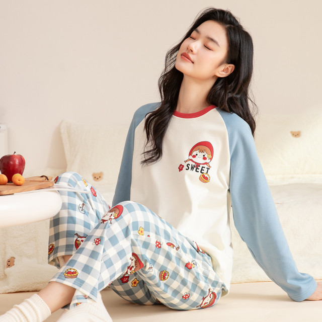 11559637.芬腾可安【100%棉可外穿】圆领长袖秋睡衣女士家居服套装舒适亲肌
