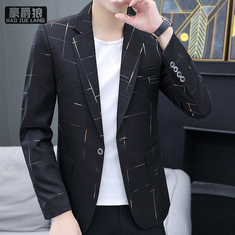 11562308.新款春秋季印花休闲西服男士韩版修身上衣潮流帅气小西装外套