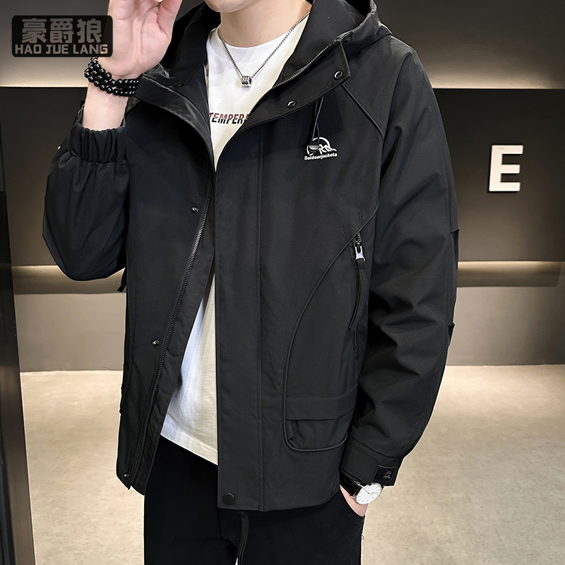 11562398.高级感夹克外套男春秋新款连帽夹克潮牌痞帅宽松工装上衣