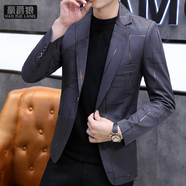 11562308.新款春秋季印花休闲西服男士韩版修身上衣潮流帅气小西装外套