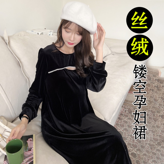 11583945.兔妈孕妇装春秋季款孕妇丝绒连衣裙显瘦孕妇连衣裙中长款秋装大码打底裙