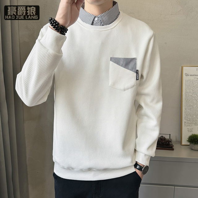 11578329.日系青年韩国条提花衬衫领假两件卫衣春秋男士必备潮流卫衣
