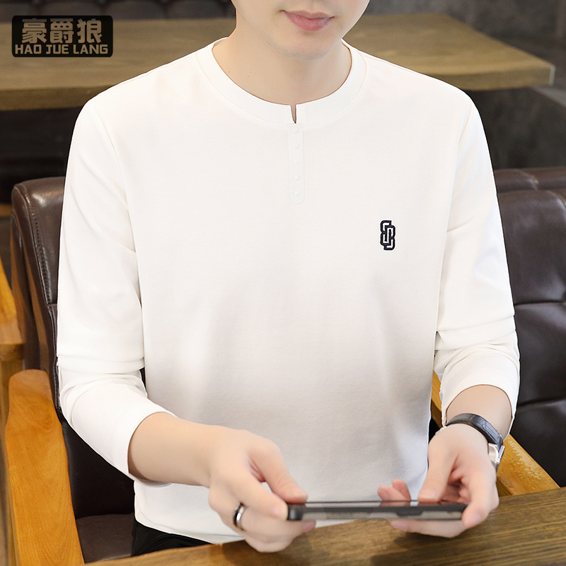 11578422.春季新品燕尾领钢印扣长袖T恤春秋潮流百搭个性领长袖衫